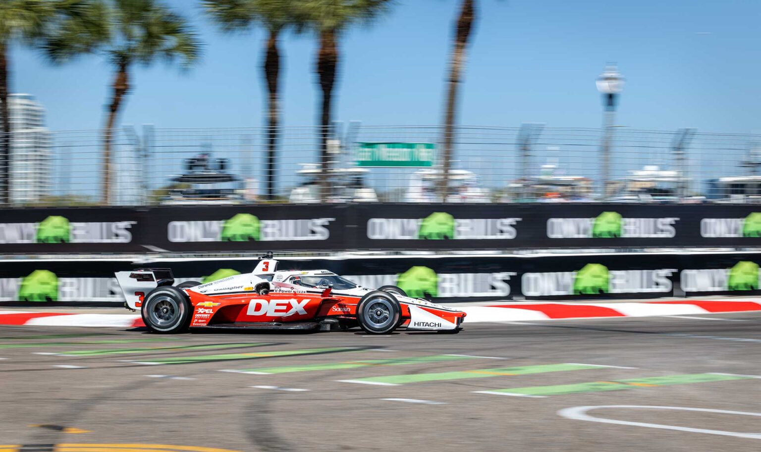 The No. 3 DEX Team Penske Chevrolet at speed in front of the St. Petersburg waterfront